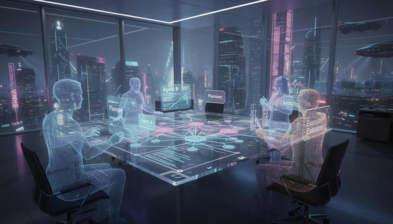 밤사이 도시의 야경을 배경으로 디지털 아바타들이 홀로그램 프로젝트 위에서 협업하며 자율 작업을 수행하는 모습