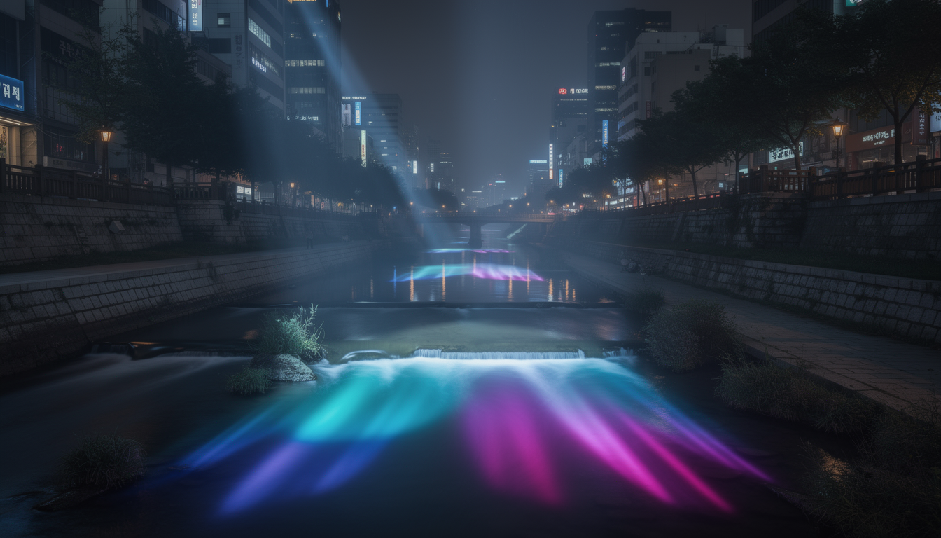 청계천 물 위에 오로라처럼 펼쳐지는 레이저 빛과 프로젝션 매핑 피날레 장면