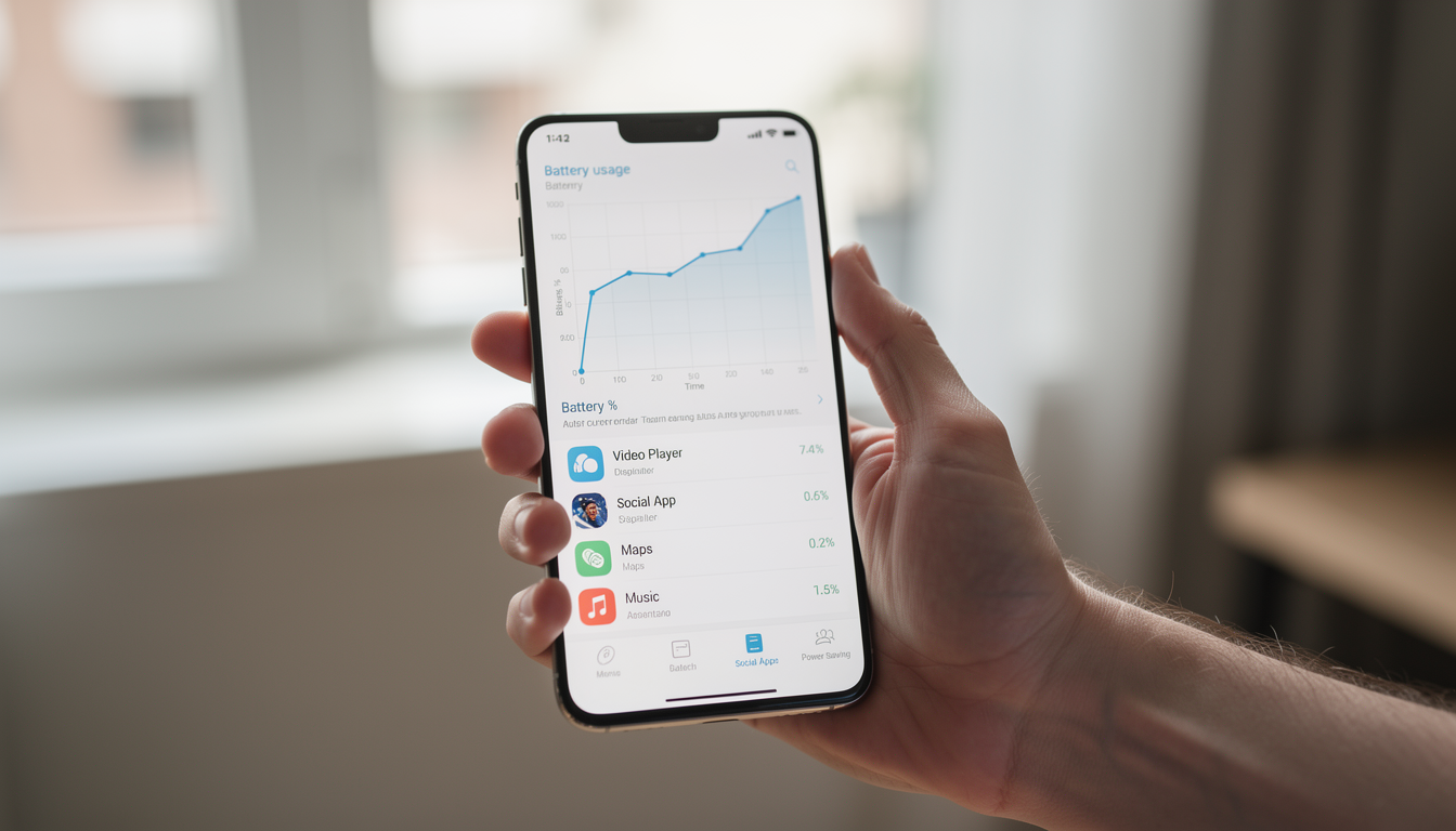 사용자가 스마트폰 설정 화면에서 배터리 사용량 그래프와 앱별 소모량을 확인하고 있는 시점의 사진
