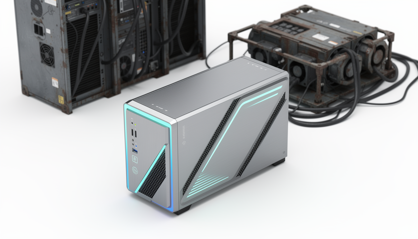 비용 효율성과 현대화를 상징하는 슬림하고 빛나는 서버 유닛과 구형 장비의 대비