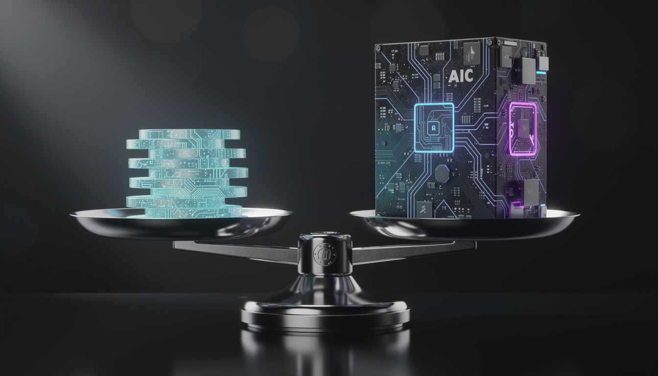 고성능 AI 칩과 적은 양의 디지털 코인이 균형을 이루는 저울을 통해 뛰어난 가성비를 표현한 매크로 이미지