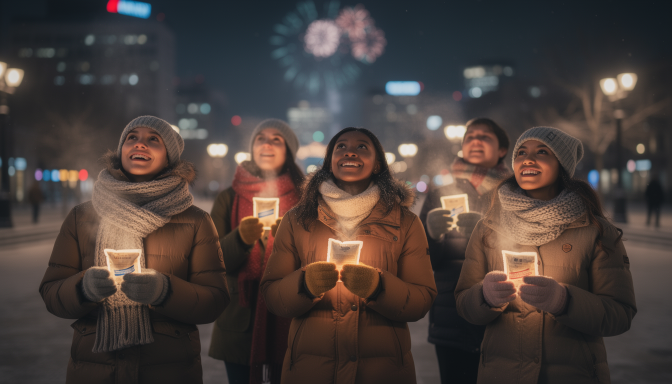 추운 날씨에 롱패딩과 방한용품을 착용하고 불꽃축제를 기다리는 관람객들의 모습