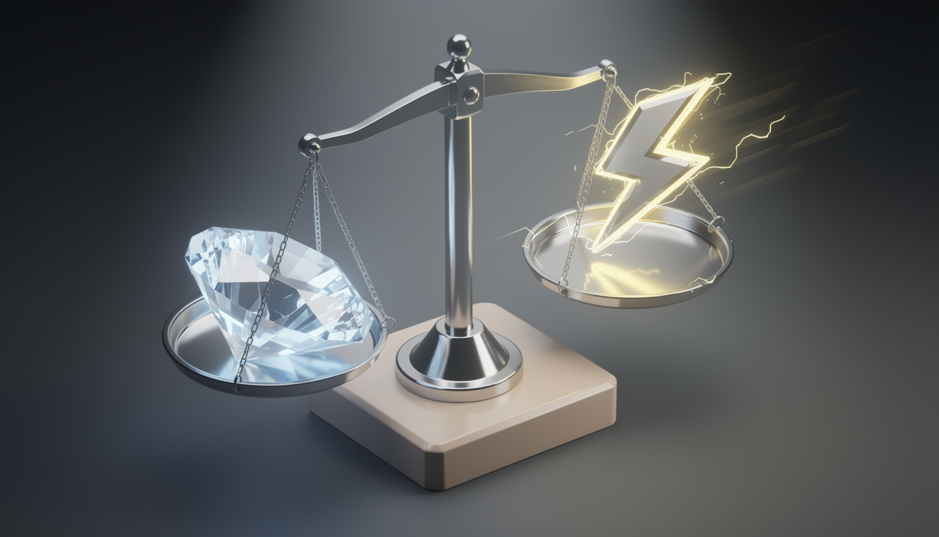 깊은 추론 능력을 상징하는 빛나는 보석과 속도 및 효율성을 상징하는 번개가 미래지향적 저울 위에서 균형을 이루고 있는 모습