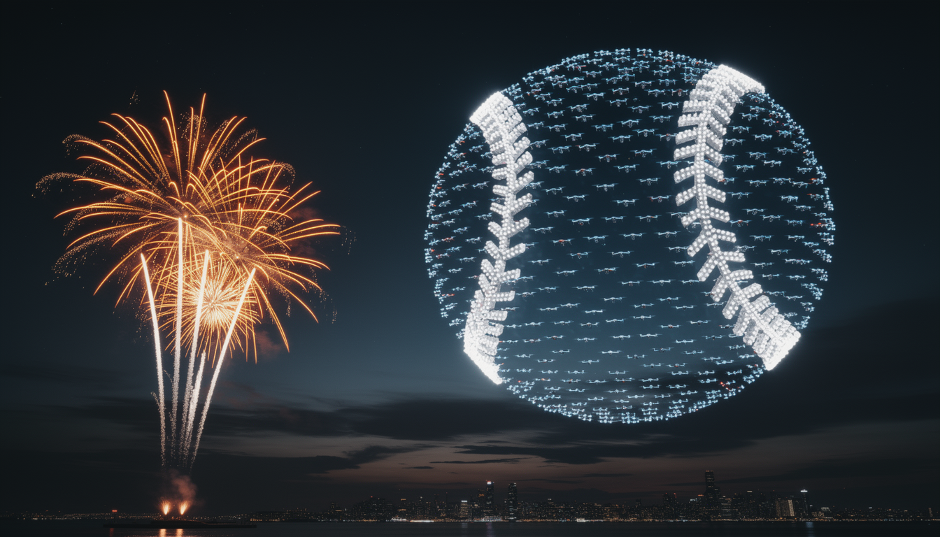 밤하늘에 야구공 모양을 형상화한 드론쇼와 불꽃이 어우러진 장면