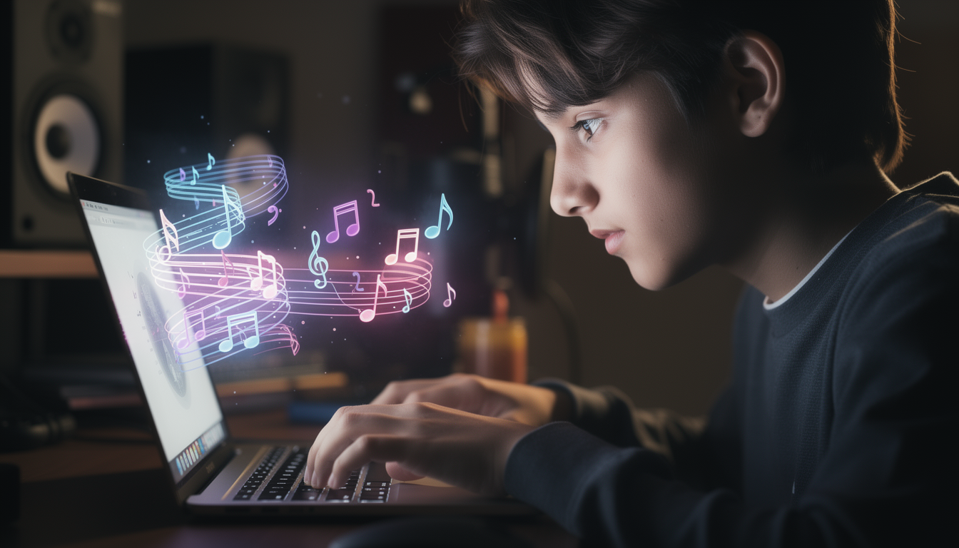 노트북으로 텍스트를 입력하여 음악을 생성하는 모습, 디지털 음표와 음파가 화면에서 나오는 시각화