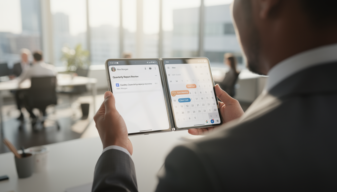 사무실에서 폴드폰을 펼쳐 이메일과 캘린더를 동시에 띄워두고 멀티태스킹을 하는 비즈니스맨의 시점