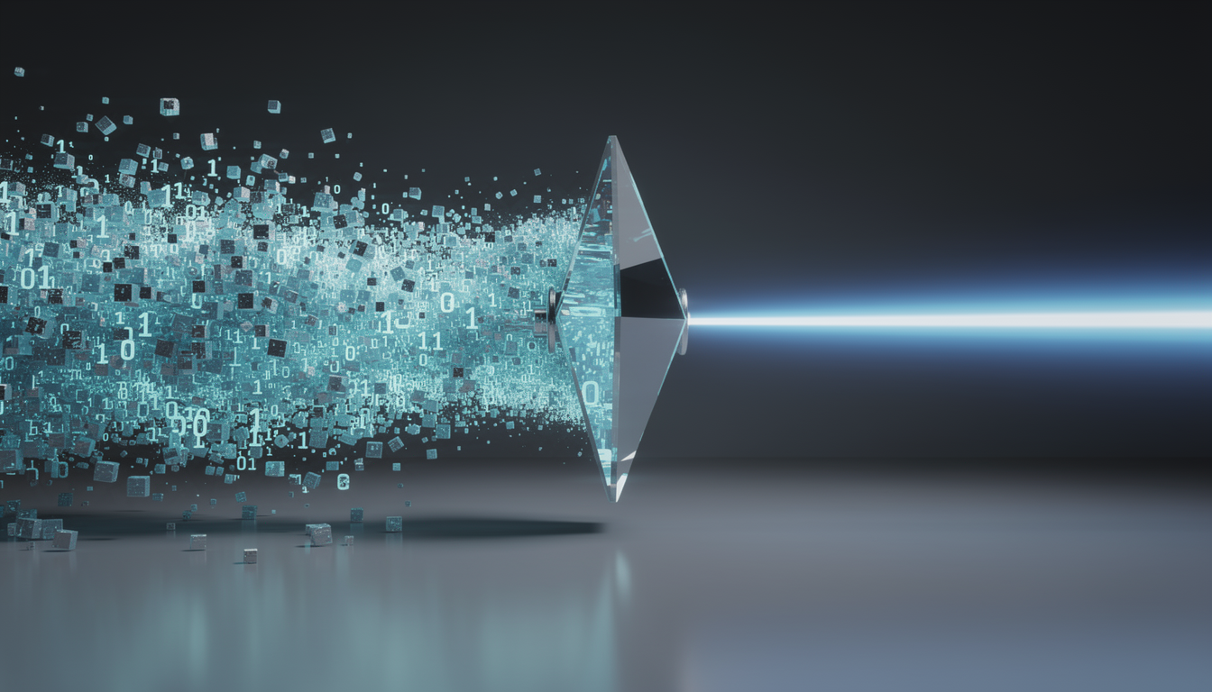 토큰 최적화와 비용 절감을 상징하는 디지털 입자가 프리즘을 통과해 정제된 빔으로 변하는 효율성 개념 이미지