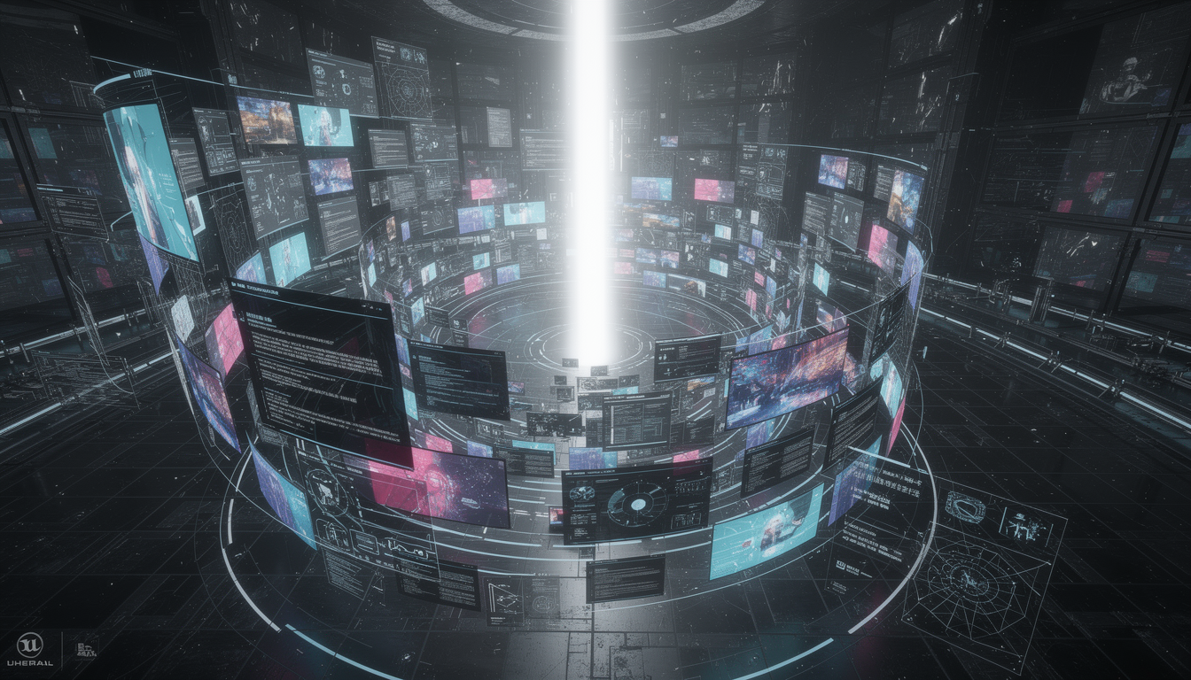 방대한 양의 문서와 비디오 데이터가 소용돌이치며 하나의 명확한 빛으로 처리되는 대용량 컨텍스트 윈도우 시각화 이미지