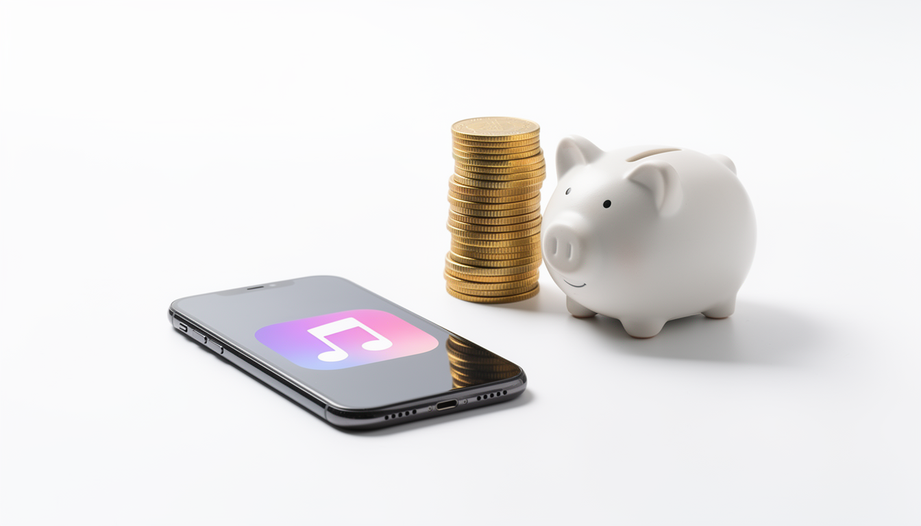 스마트폰 옆에 쌓인 동전이나 저금통을 통해 디지털 구독료 절약 효과를 표현한 이미지