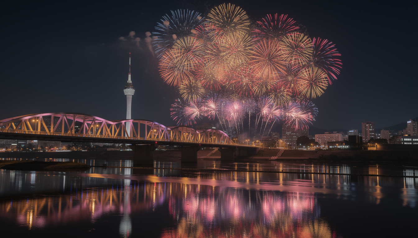 대전 갑천변 엑스포 다리와 한빛탑 위로 화려하게 터지는 불꽃축제 야경 배너 이미지