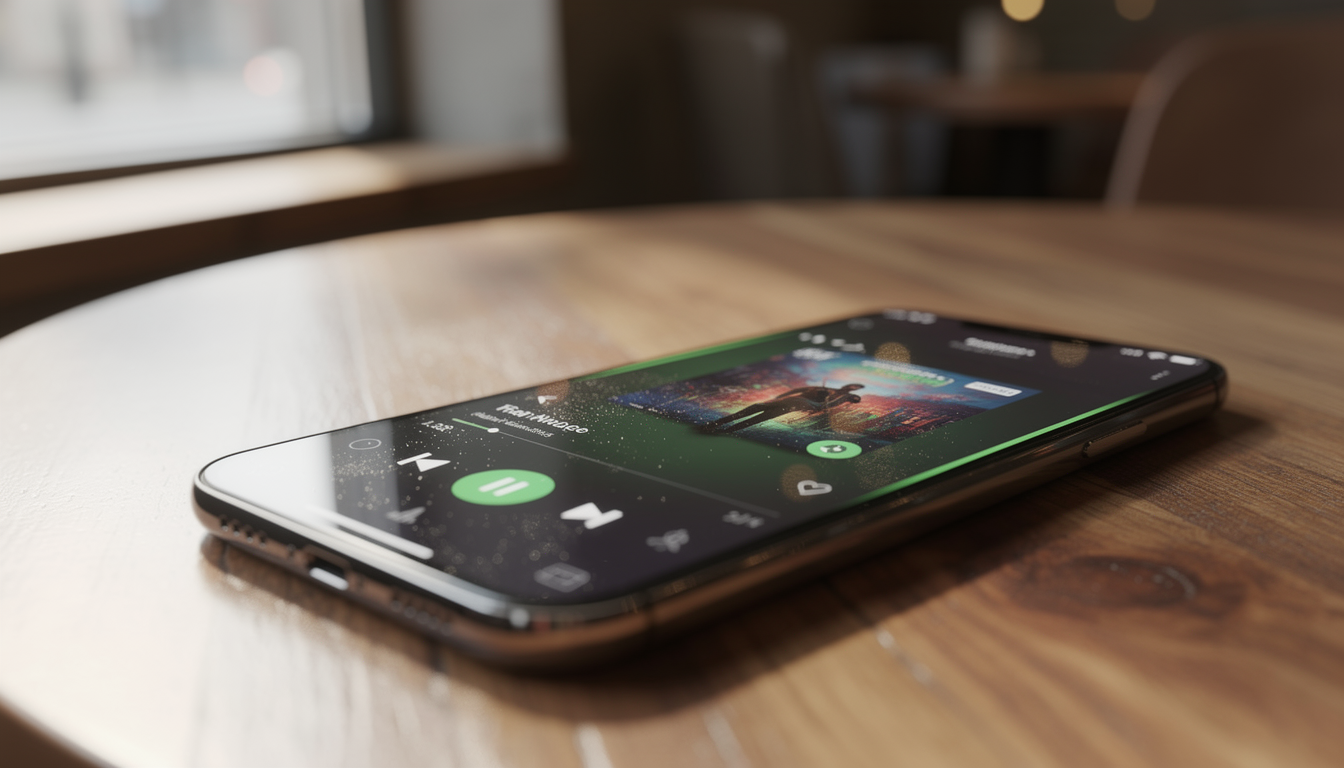테이블 위에 놓인 스마트폰 화면에 스포티파이와 유사한 음악 스트리밍 앱이 실행되고 있는 모습 유카페 배경