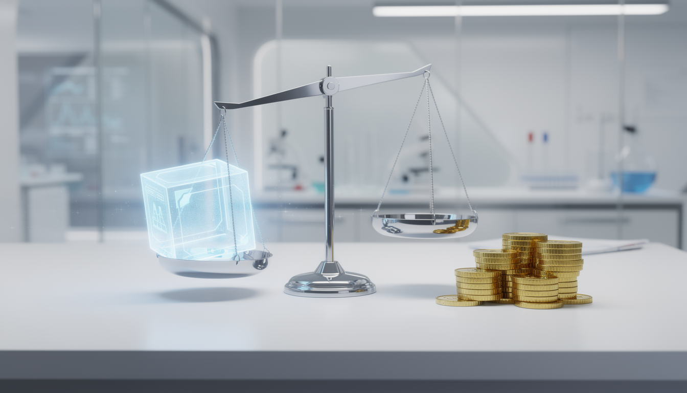 성능과 비용 간의 트레이드오프를 시각적으로 설명하기 위해, 현대적인 실험실 배경에서 세련된 금속 저울 위에 한쪽은 빠른 속도를 상징하는 빛나는 큐브가, 다른 한쪽은 비용을 상징하는 금색 코인 더미가 놓여 균형을 이루는 이미지