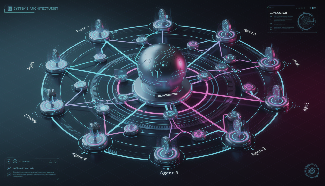멀티 에이전트 시스템의 조율을 나타내는 중앙 지휘 노드와 여러 위성 노드가 연결된 네트워크 토폴로지 다이어그램