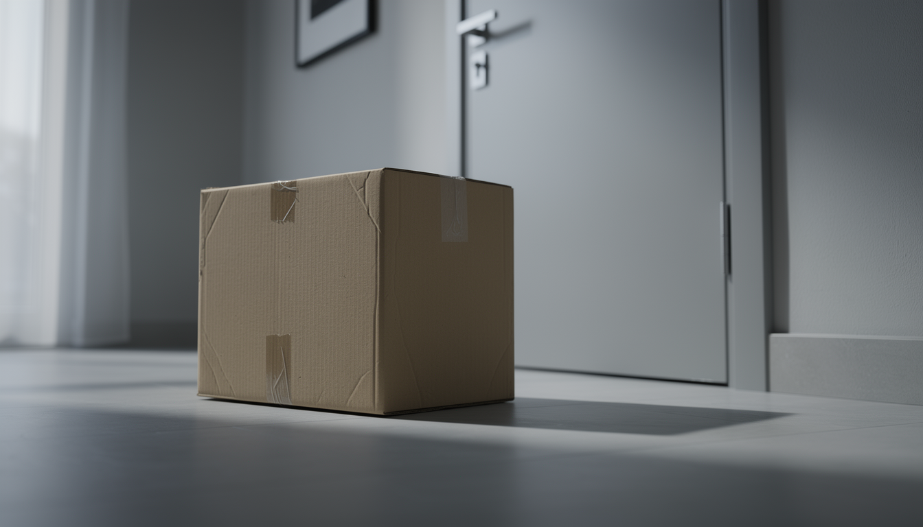 아파트 현관 앞에 놓인 출처를 알 수 없는 의심스러운 택배 상자