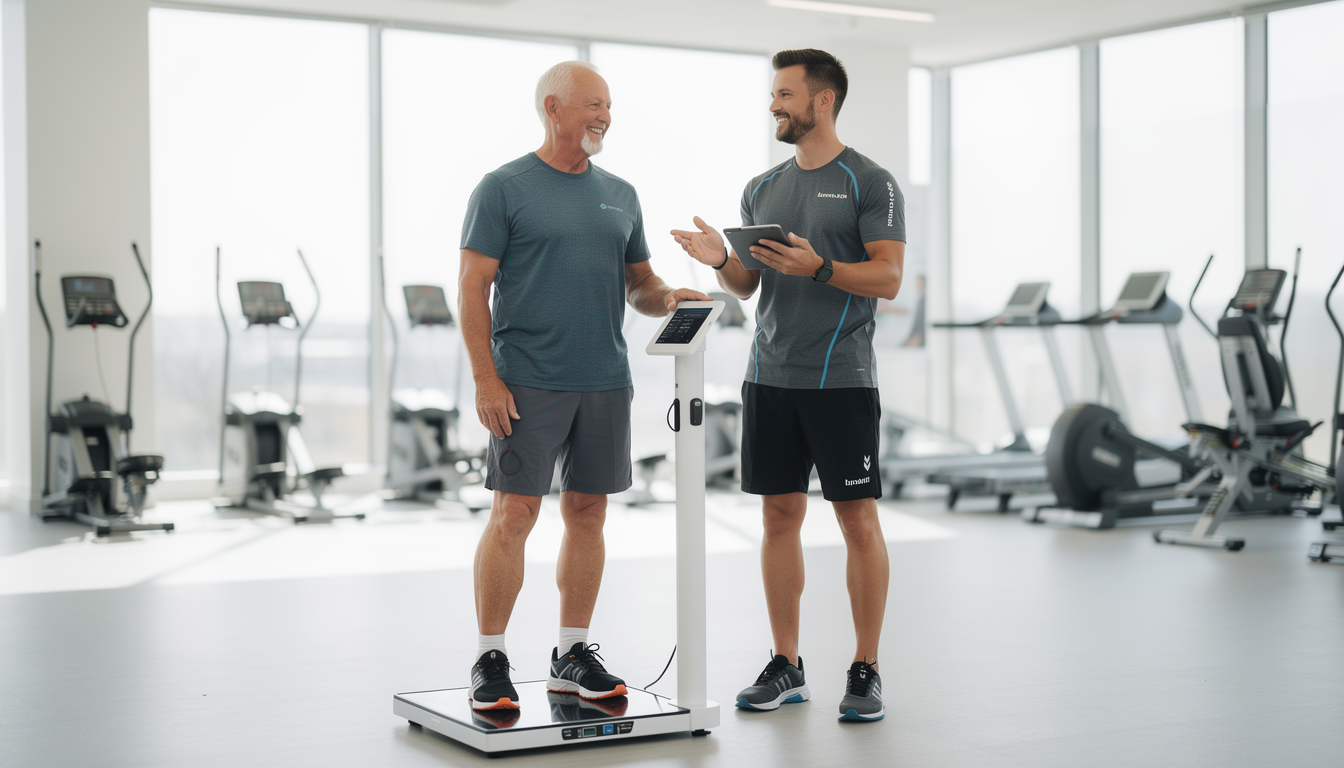 전문 트레이너가 태블릿을 들고 운동복을 입은 웃는 노년 남성의 체력을 측정하고 있는 밝고 현대적인 체력인증센터의 모습
