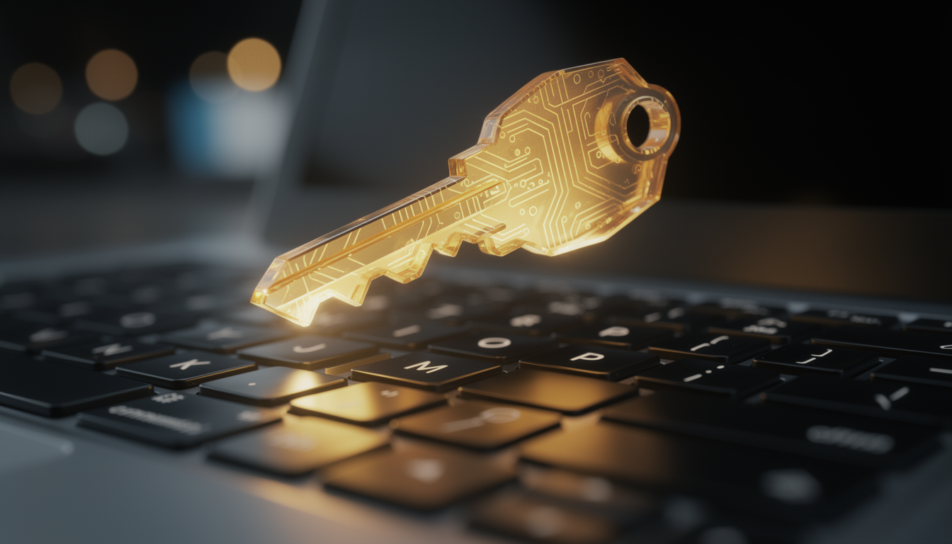 API 키 보안과 인증 과정을 상징하는 디지털 보안 키 컨셉 이미지