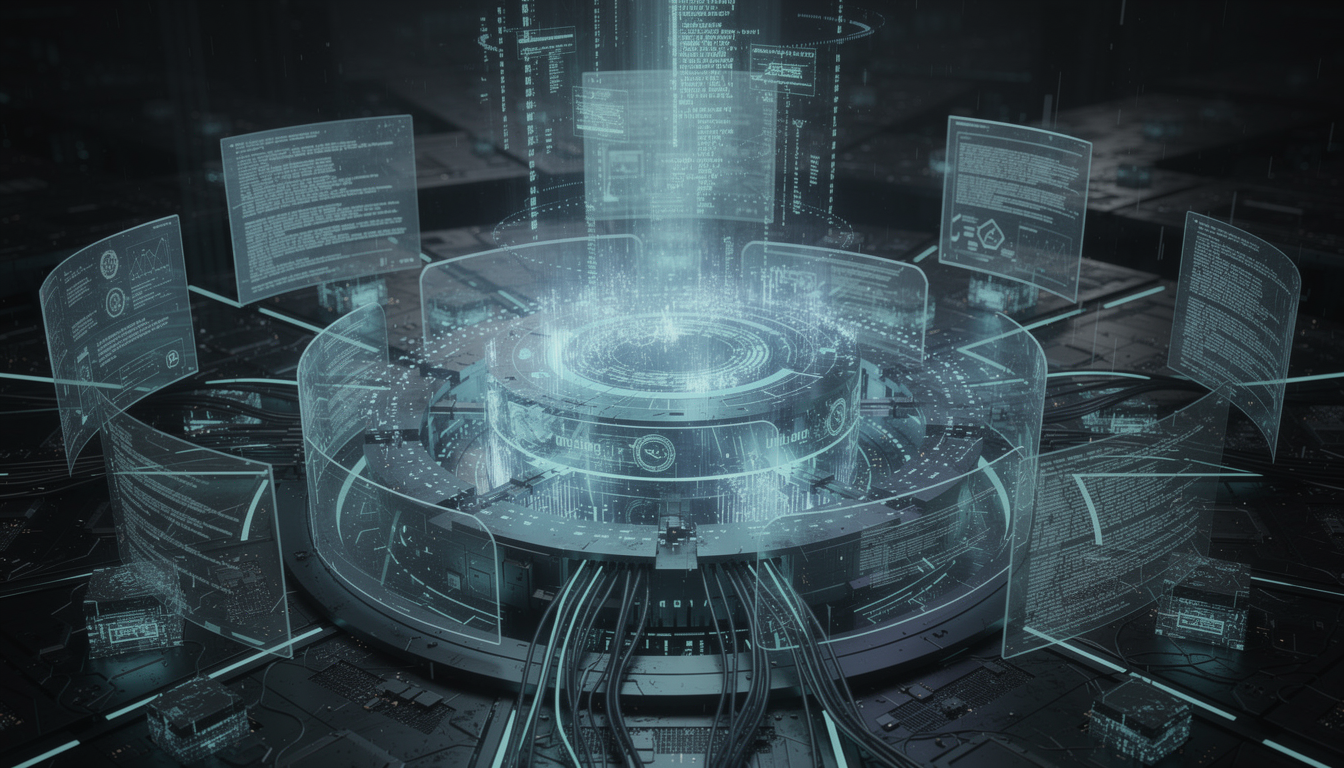 대규모 문서와 코드를 처리하는 중앙 AI 코어의 실사 스타일 시각화