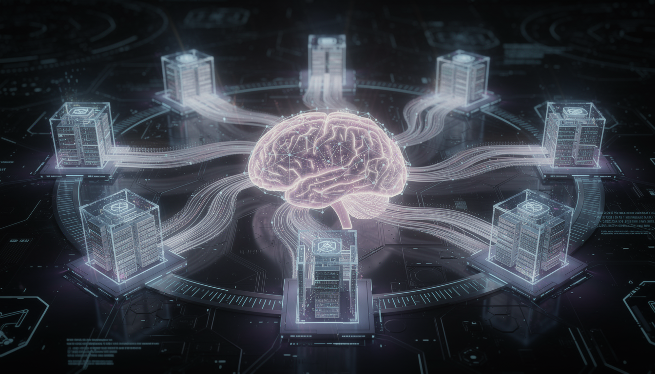 AI 신경망이 외부 문서 데이터베이스와 연결되는 RAG(검색결합생성) 구조의 추상적 표현