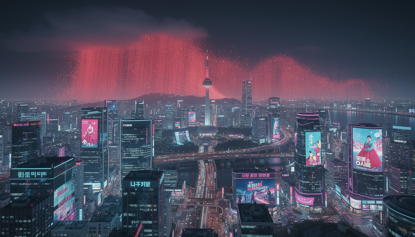 서울의 야경과 남산타워, 고층 빌딩 전광판의 화려한 한국 콘텐츠, 지평선에서 다가오는 거대한 붉은 빛의 물결