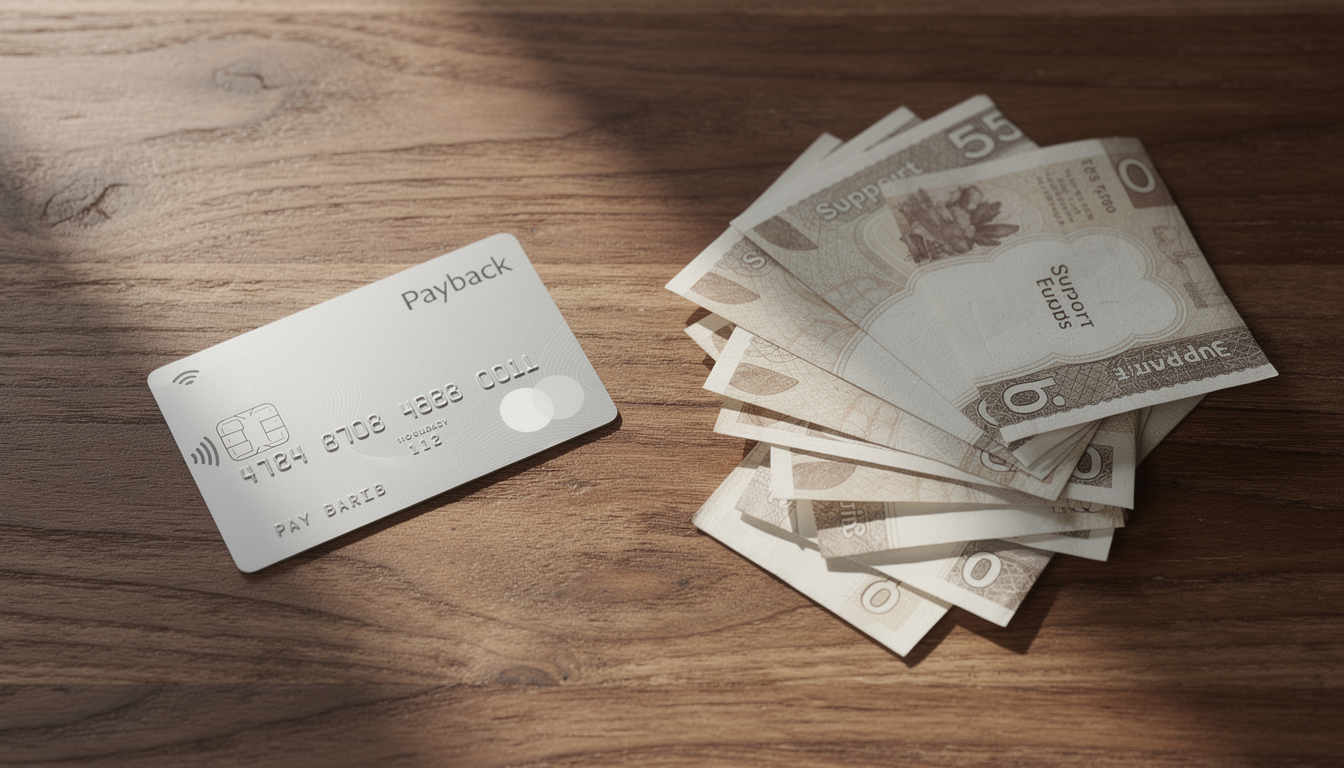 책상 위에 놓인 신용카드와 지역화폐 상품권을 비교하여 상생페이백과 국민지원금의 차이를 보여주는 이미지