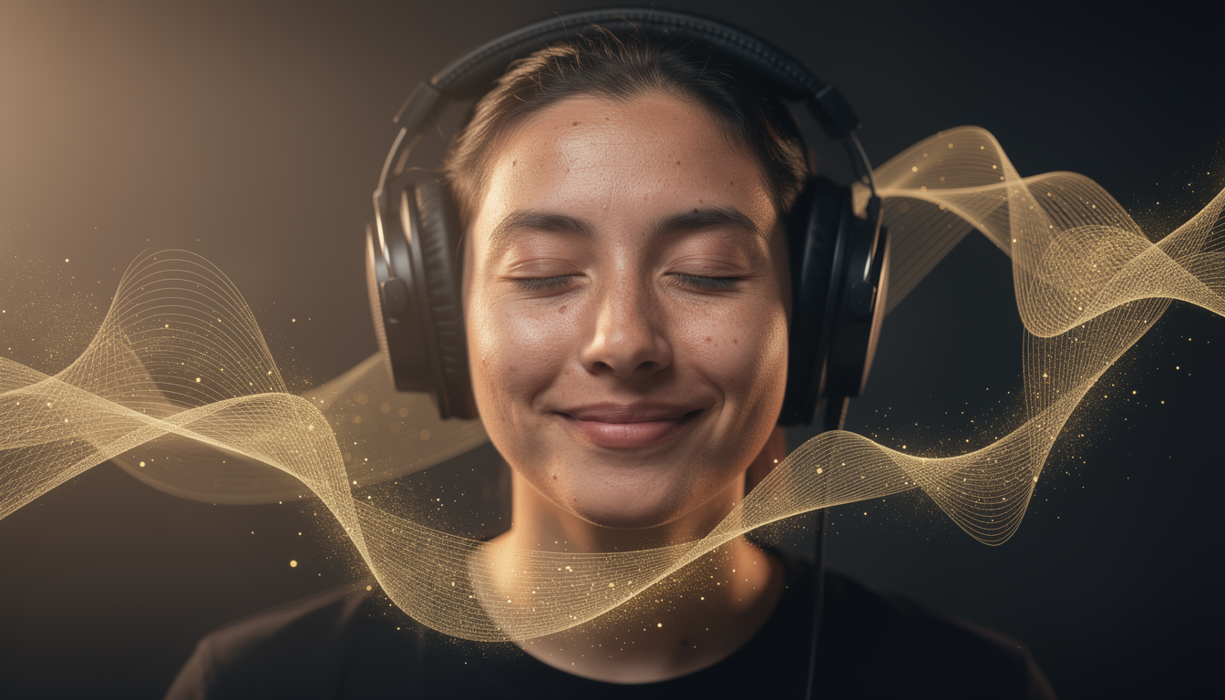 헤드폰을 착용하고 생성된 고품질 음악을 만족스럽게 감상하고 있는 인물의 클로즈업