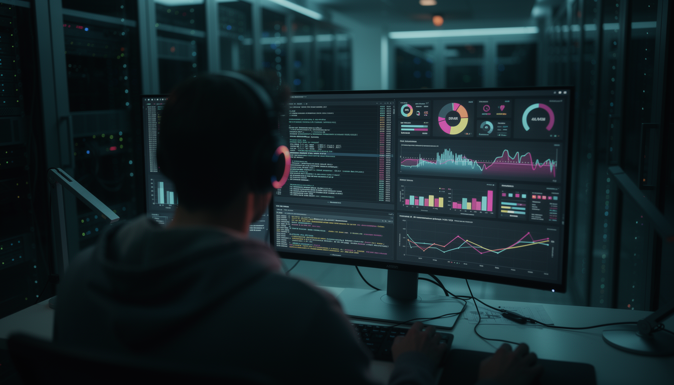 시스템 로그와 진단 그래프를 분석하고 있는 엔지니어의 뒷모습과 서버실 배경