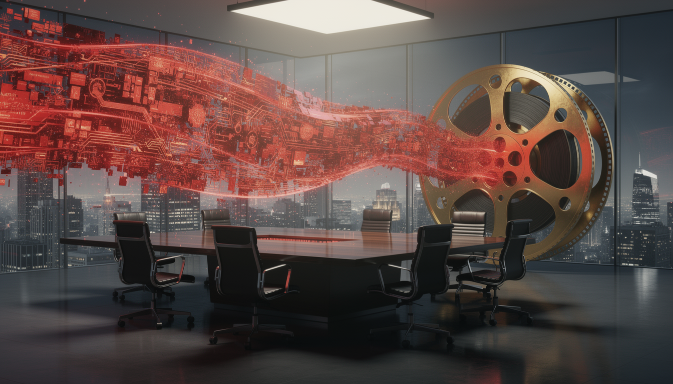 엔터테인먼트 산업의 거대 합병을 상징하는 시네마틱 컨셉 아트, 붉은 디지털 스트림과 황금색 필름 릴 구조물의 결합