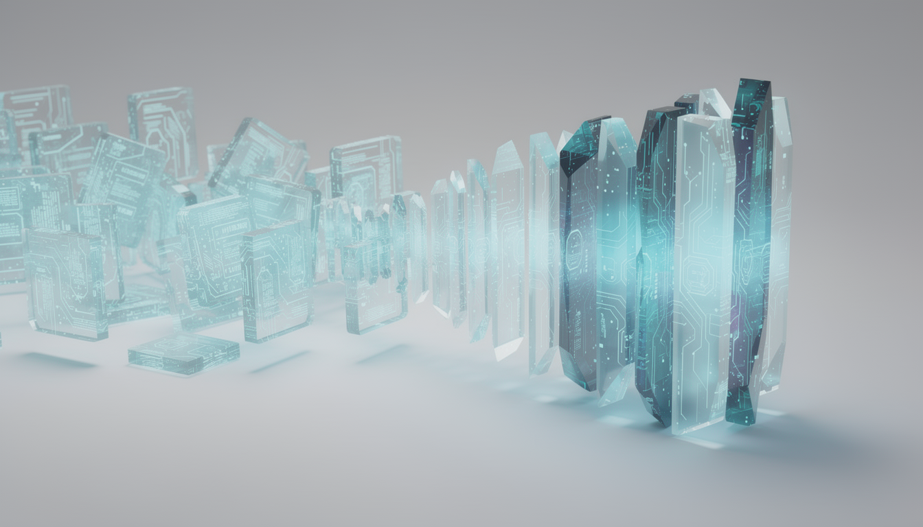 흩어진 정보 블록이 정갈한 결정체 형태의 메모리 뱅크로 압축 및 정리되는 데이터 압축 기술 3D 일러스트