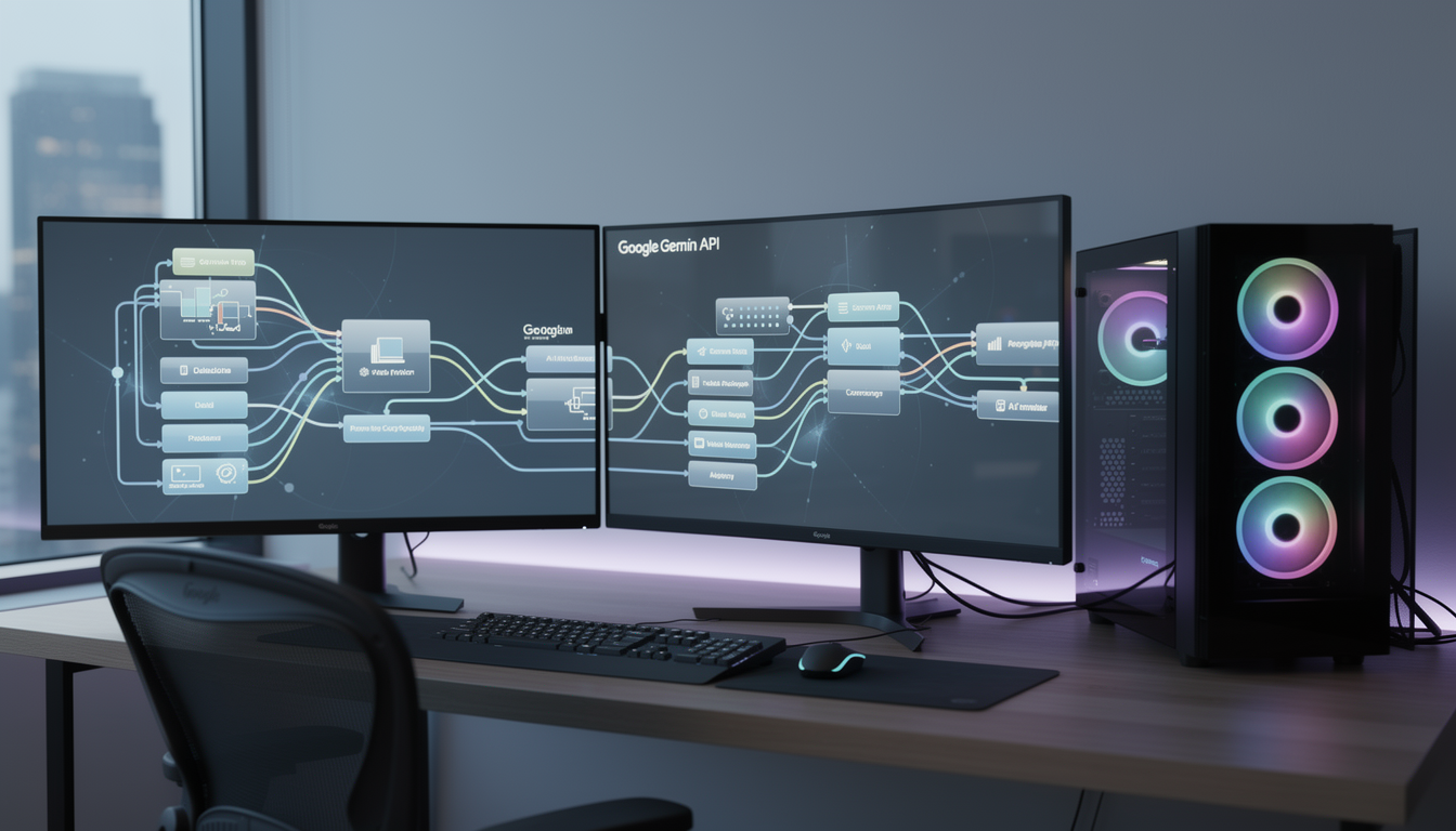 Google AI Studio와 Gemini 모델의 연결을 시각화한 미래지향적인 개발자 작업 공간