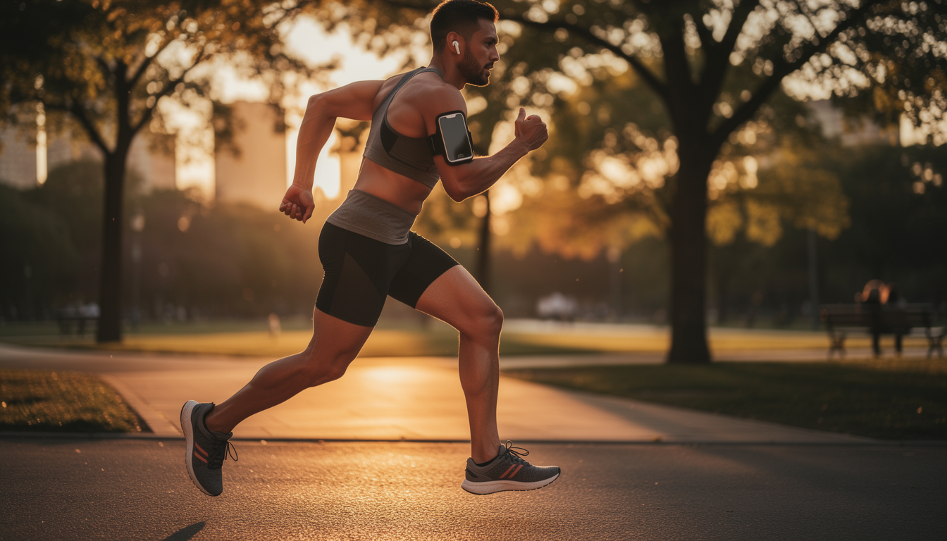 백그라운드 재생 기능을 활용하며 공원에서 조깅하는 사람의 역동적인 모습