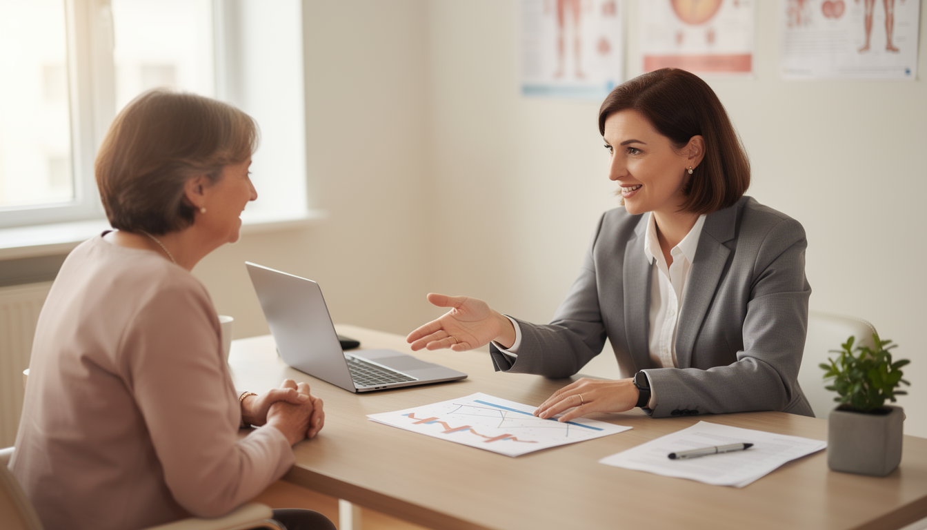 상담실 책상에 앉아 전문 상담사로부터 건강 데이터 차트를 보며 설명을 듣고 있는 중년 여성