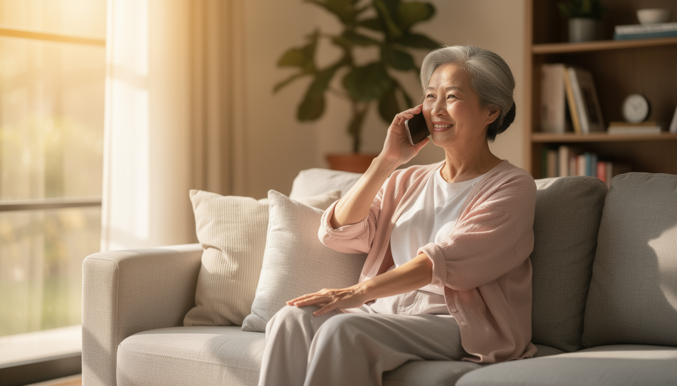 거실 소파에 앉아 스마트폰으로 편안하게 전화 예약을 하고 있는 행복한 표정의 아시아 노년 여성