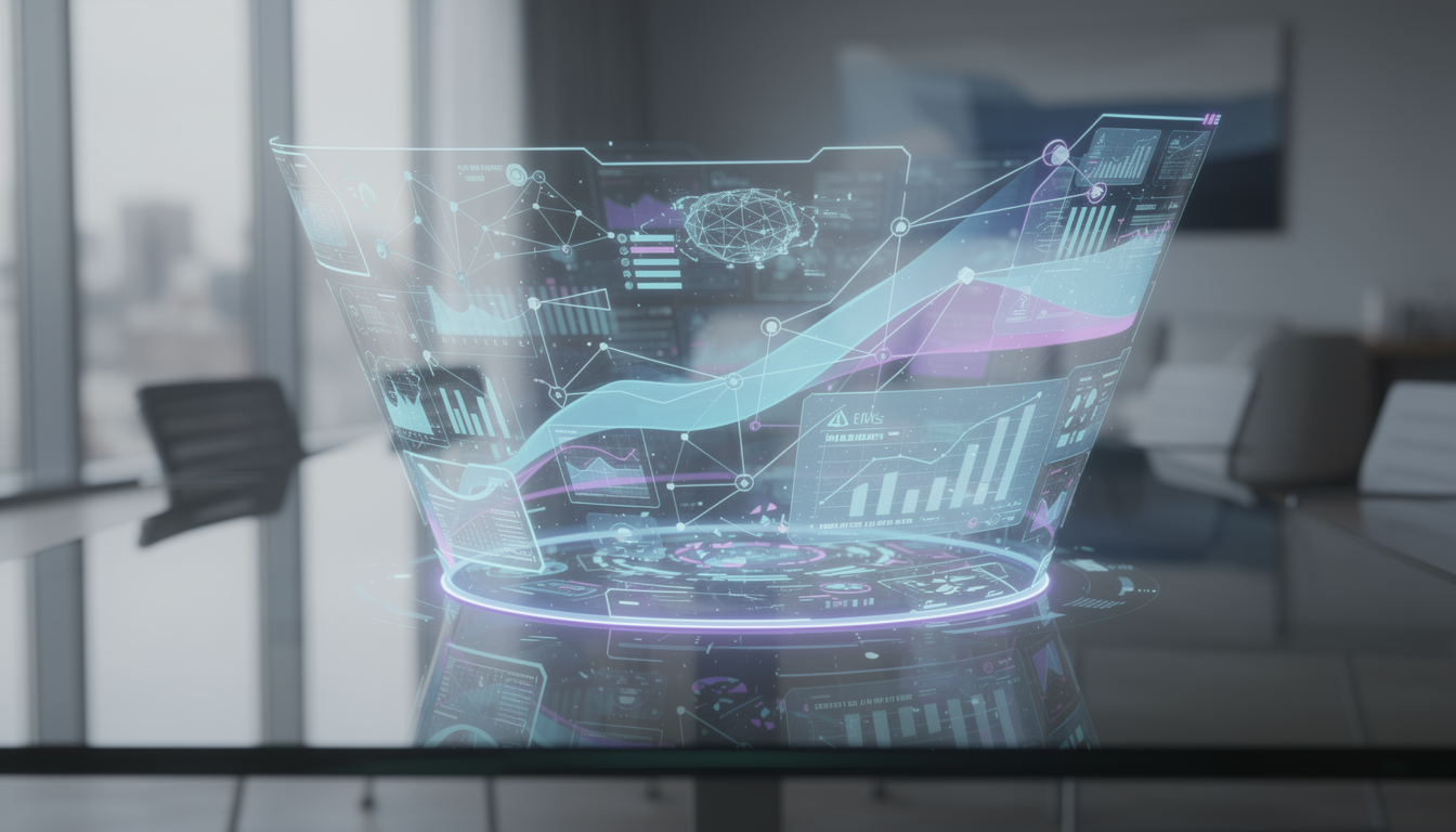 고도화된 AI 분석과 네트워크를 보여주는 미래지향적 홀로그램 인터페이스