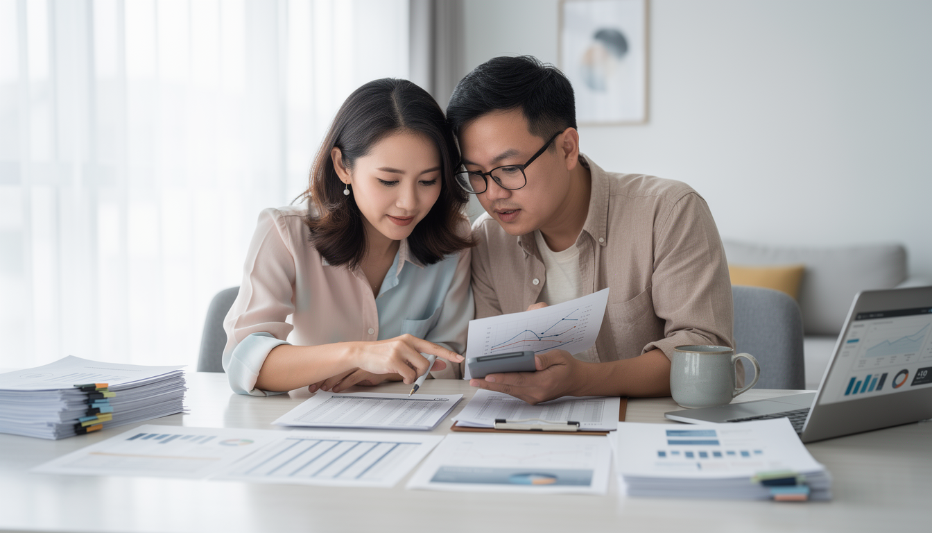의료비 공제 전략을 의논하며 계산기를 두드리는 맞벌이 부부