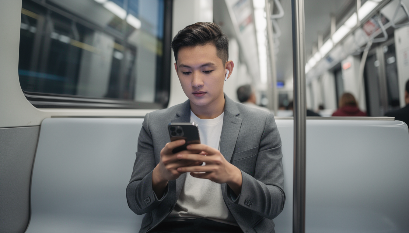 지하철에서 스마트폰으로 영상을 시청하는 출근길 직장인 모습