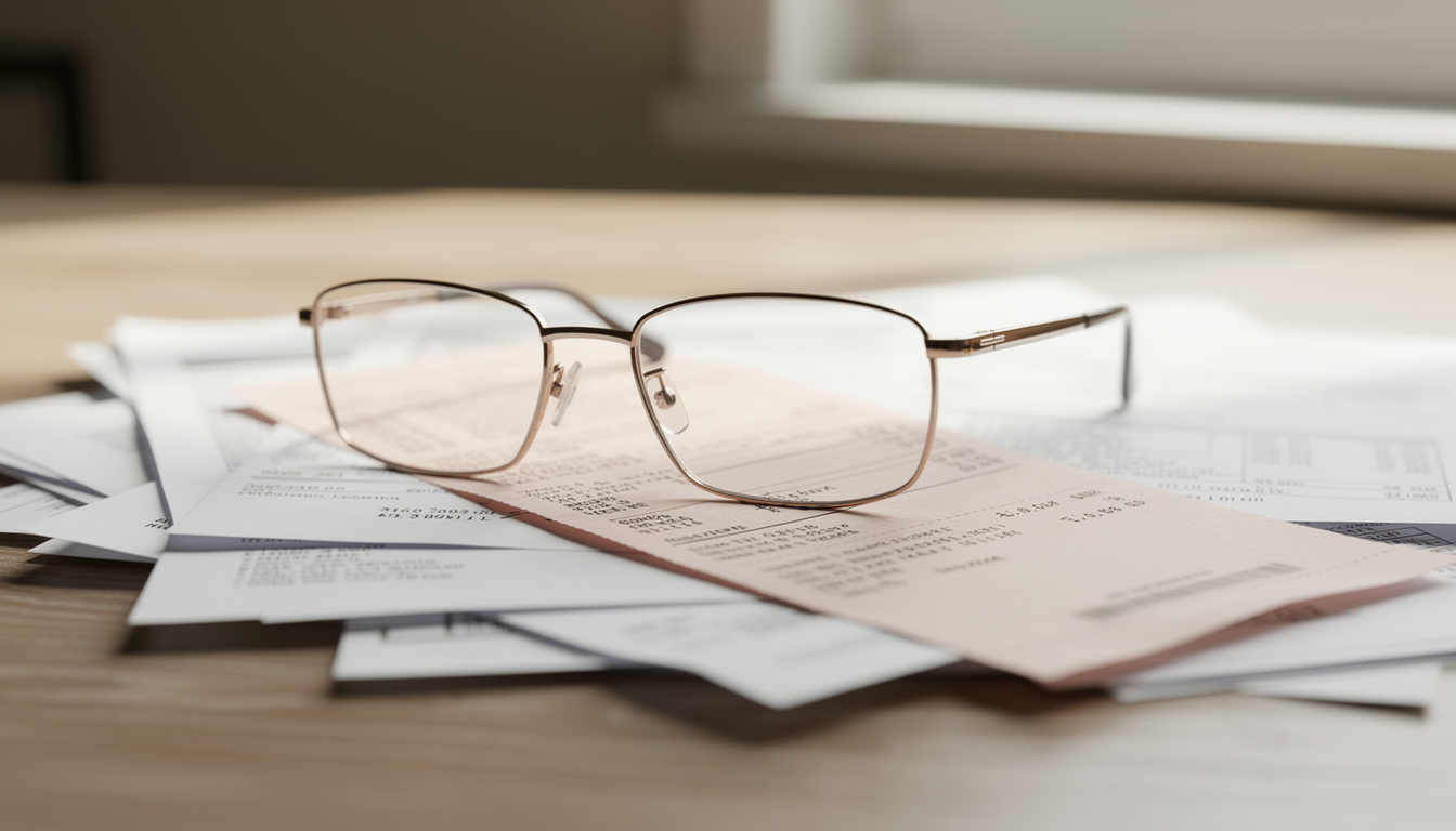 시력교정용 안경과 의료비 영수증이 놓인 책상 클로즈업