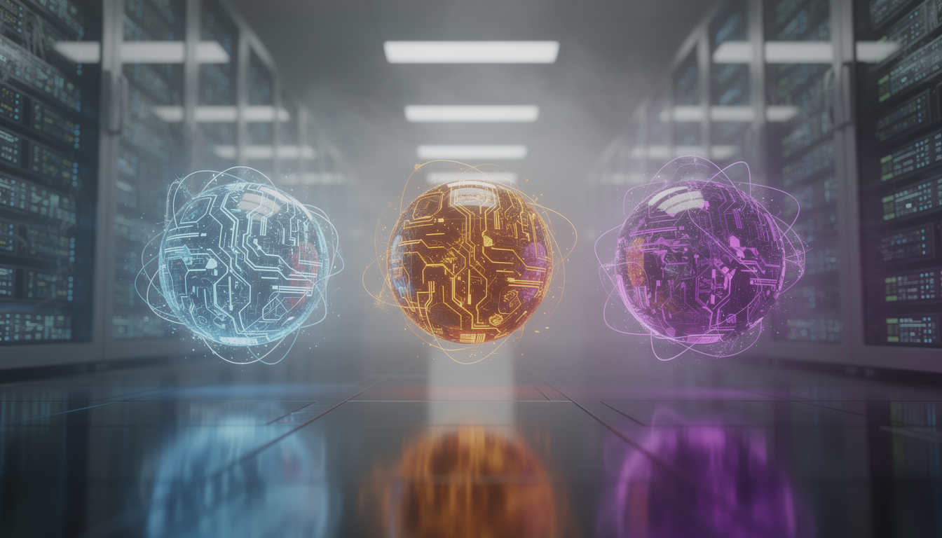 GPT-5.2와 Claude, Gemini Pro 세 가지 모델을 상징하는 추상적인 AI 인텔리전스 코어 비교 이미지