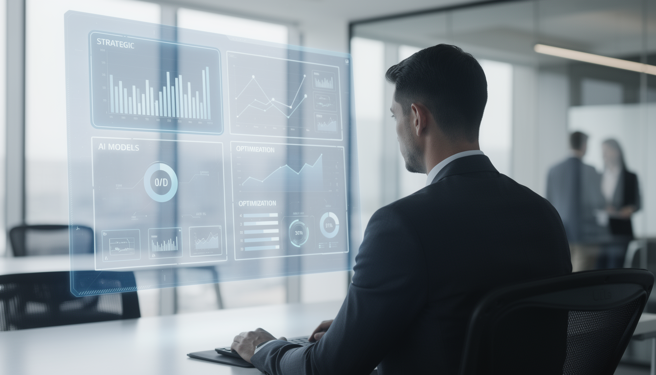 전문가가 홀로그램 대시보드에서 다양한 AI 모델 모듈을 전략적으로 선택하고 배치하는 현대적인 업무 환경 이미지