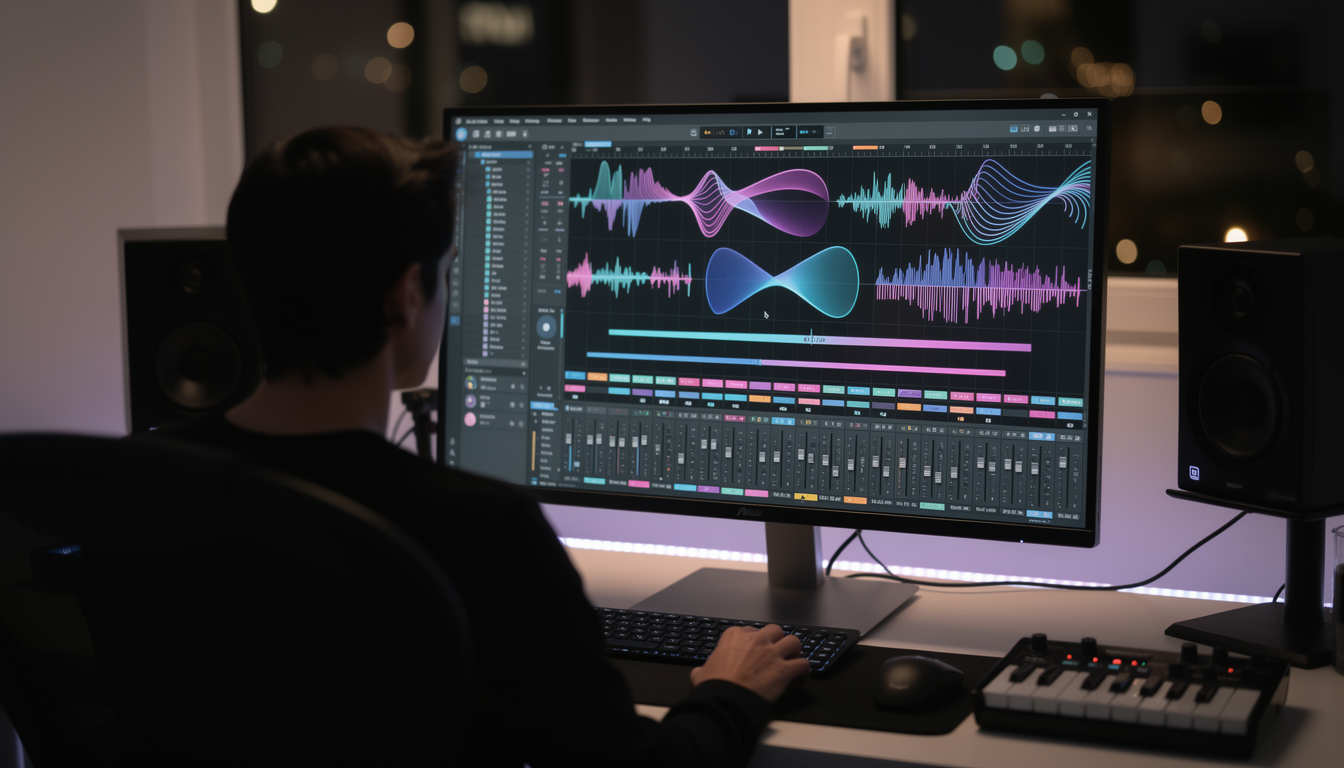 현대적이고 세련된 음악 생성 AI 대시보드 인터페이스를 보고 있는 사용자의 어깨 너머 시점