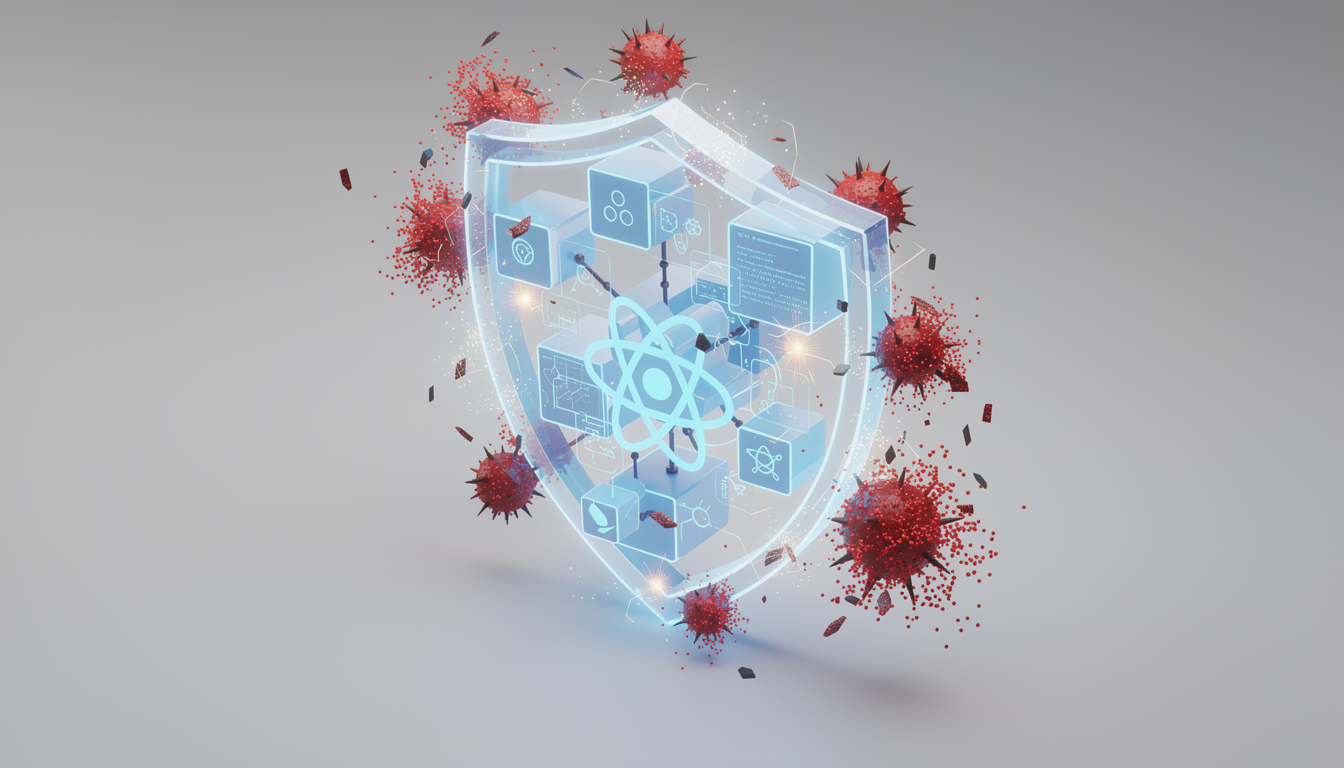 리액트 컴포넌트 구조를 보호하는 디지털 방패를 형상화한 3D 이미지