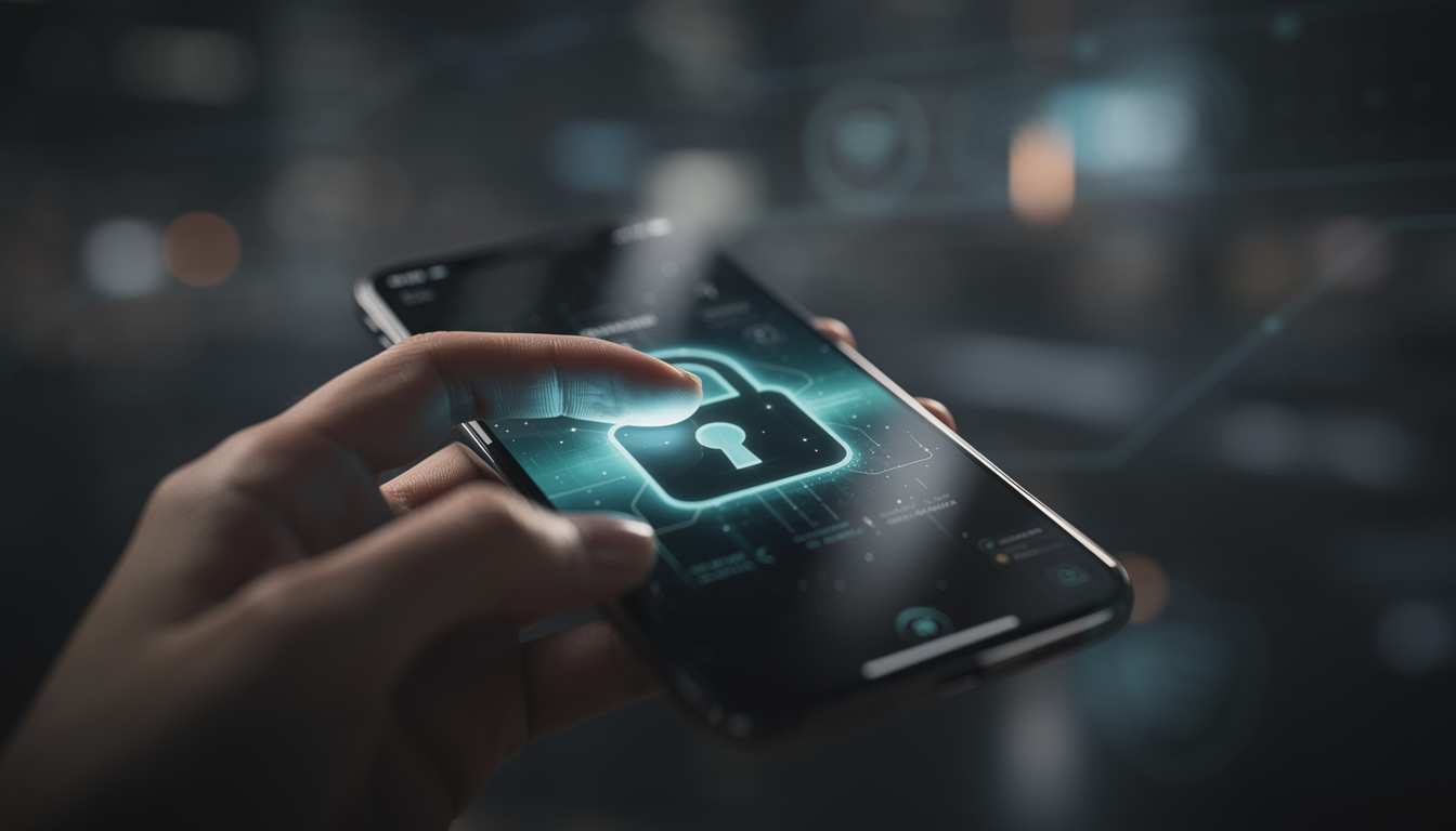 스마트폰 화면의 디지털 자물쇠 아이콘을 터치하여 보안 설정을 강화하는 모습