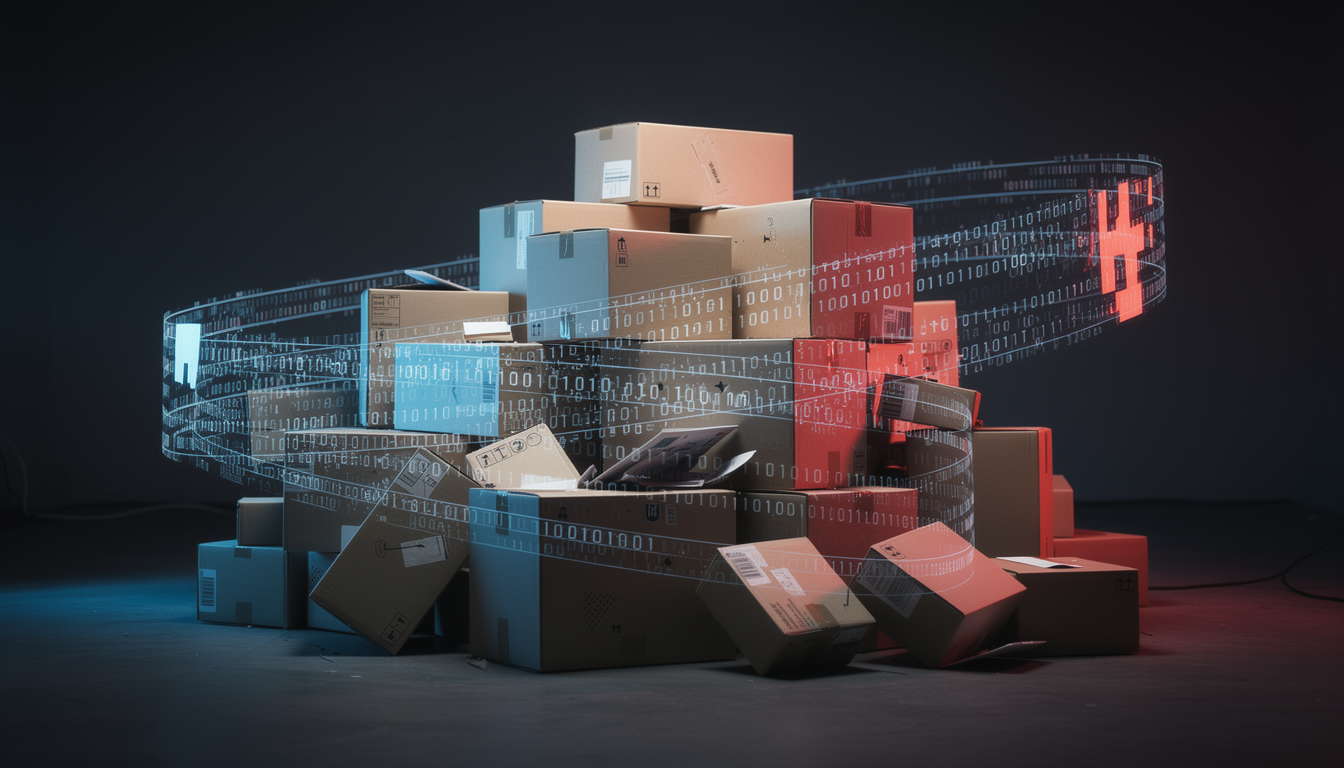 디지털 데이터가 흐르는 택배 상자들, 개인정보 유출과 보안 위협을 시각화