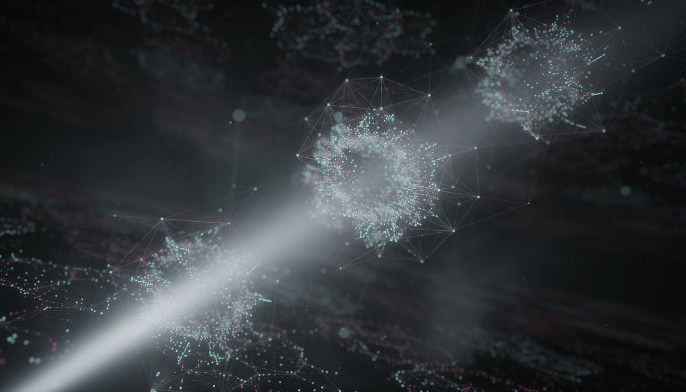 고차원 벡터 데이터와 ANN(근사 최근접 이웃) 검색 과정을 시각화하기 위해, 어두운 3D 공간 속에서 수천 개의 빛나는 점들이 기하학적 선으로 연결되고 탐색 빔이 특정 클러스터를 찾아내는 추상적 데이터 이미지