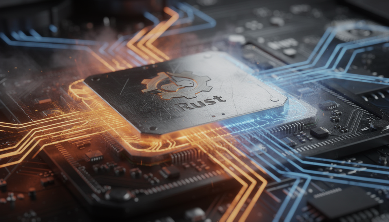 Qdrant의 핵심인 Rust 기반 엔진의 속도와 안정성을 표현하기 위해, 복잡한 회로와 에너지가 흐르는 금속 질감의 고성능 미래형 프로세서 칩을 매크로 렌즈로 촬영한 듯한 이미지