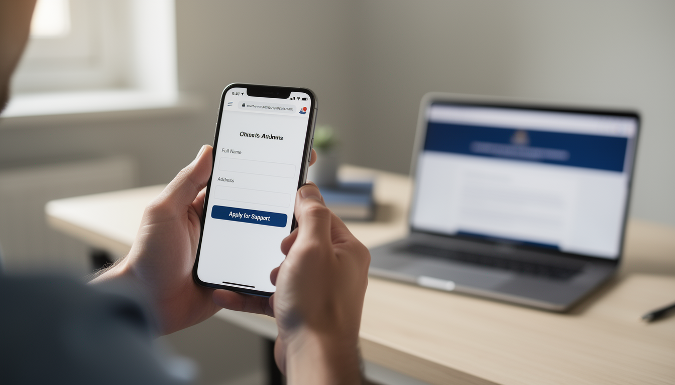 스마트폰 앱과 노트북을 이용해 정부 지원금을 온라인으로 신청하는 모습