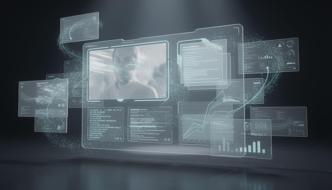 영상, 코드, 문서를 동시에 분석하는 멀티모달 기능을 표현한 홀로그래픽 인터페이스 이미지