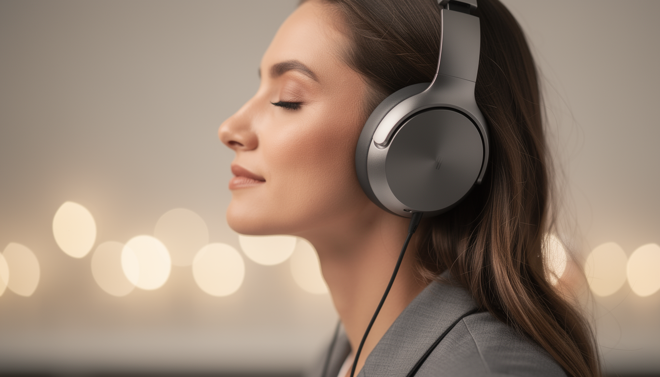 고음질 노이즈 캔슬링 헤드폰을 착용하고 음악에 몰입하고 있는 사람의 측면 모습