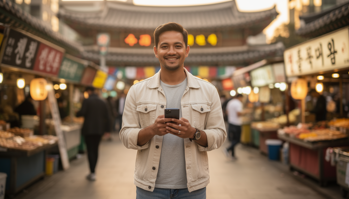 한국 전통시장을 배경으로 스마트폰을 들고 있는 외국인 신청자