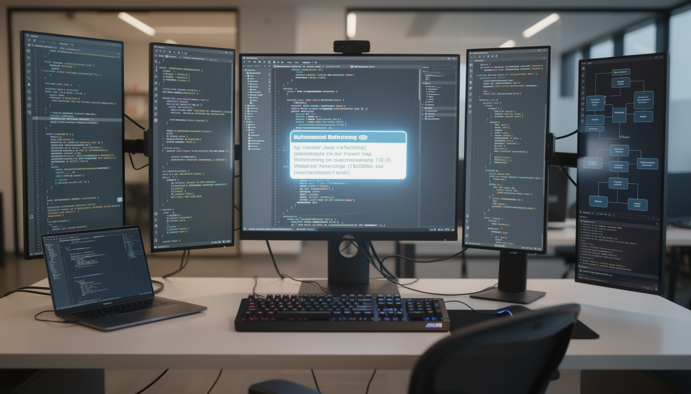자동화된 리팩터링을 나타내는 코드가 강조된 다중 모니터가 있는 현대적인 소프트웨어 개발 환경의 실사 사진