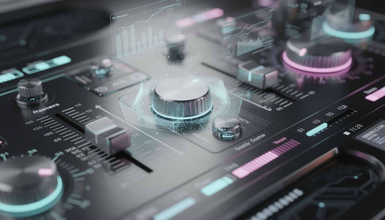 AI 파라미터를 조절하는 디지털 컨트롤 패널, 프롬프트 엔지니어링의 정밀한 조정을 표현
